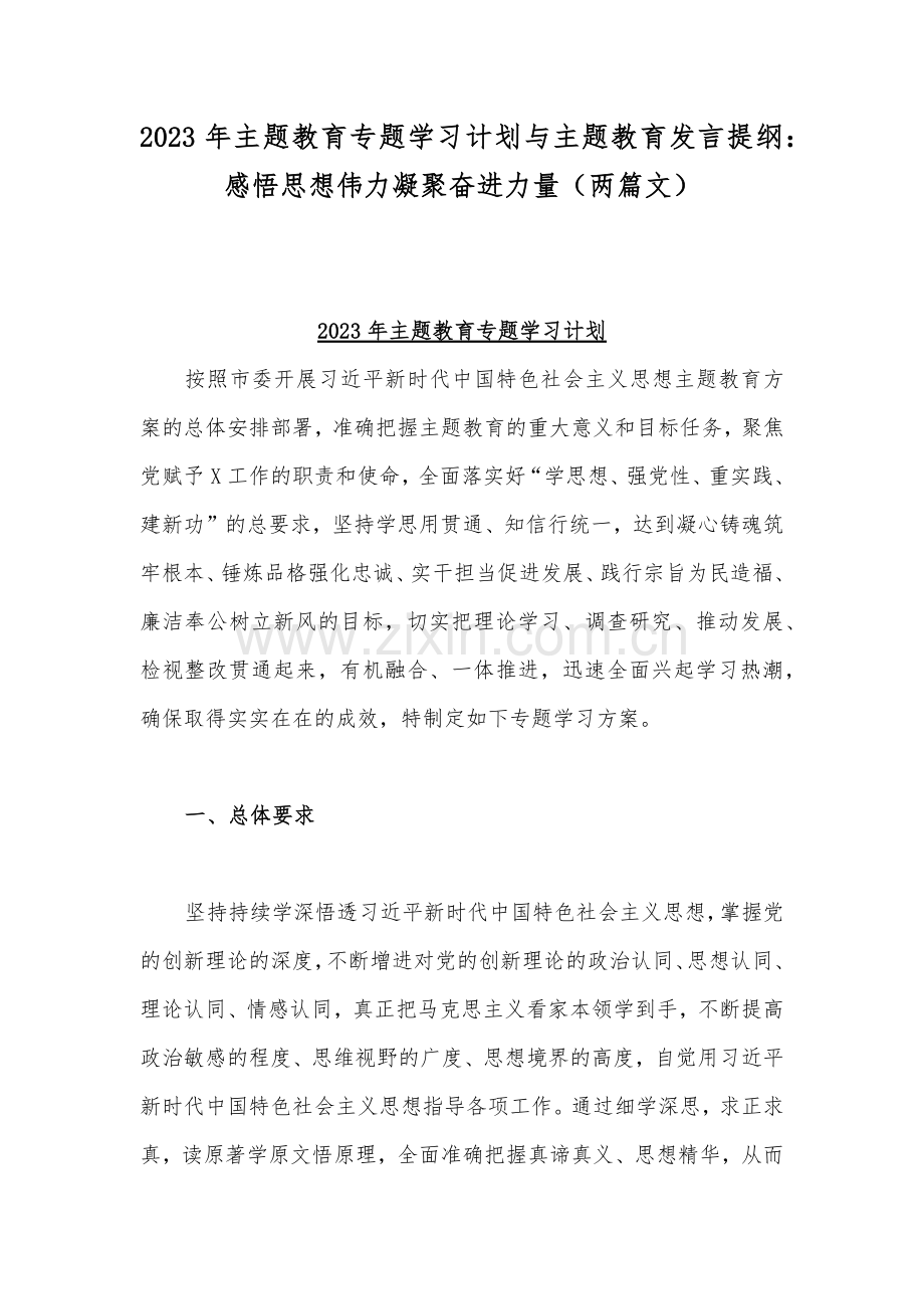 2023年主题教育专题学习计划与主题教育发言提纲：感悟思想伟力凝聚奋进力量（两篇文）.docx_第1页