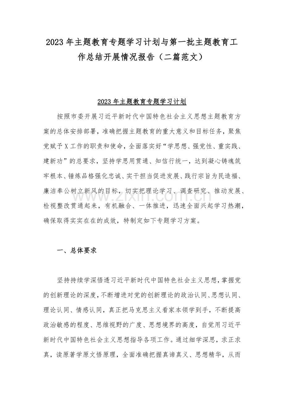 2023年主题教育专题学习计划与第一批主题教育工作总结开展情况报告（二篇范文）.docx_第1页