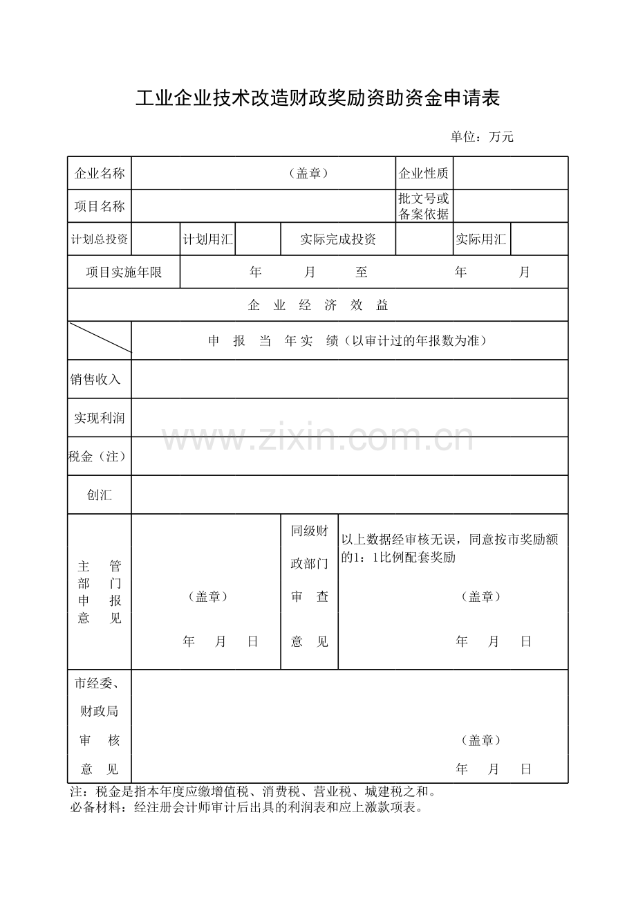 工业企业技术改造财政奖励资助资金申请表模板.xls_第1页