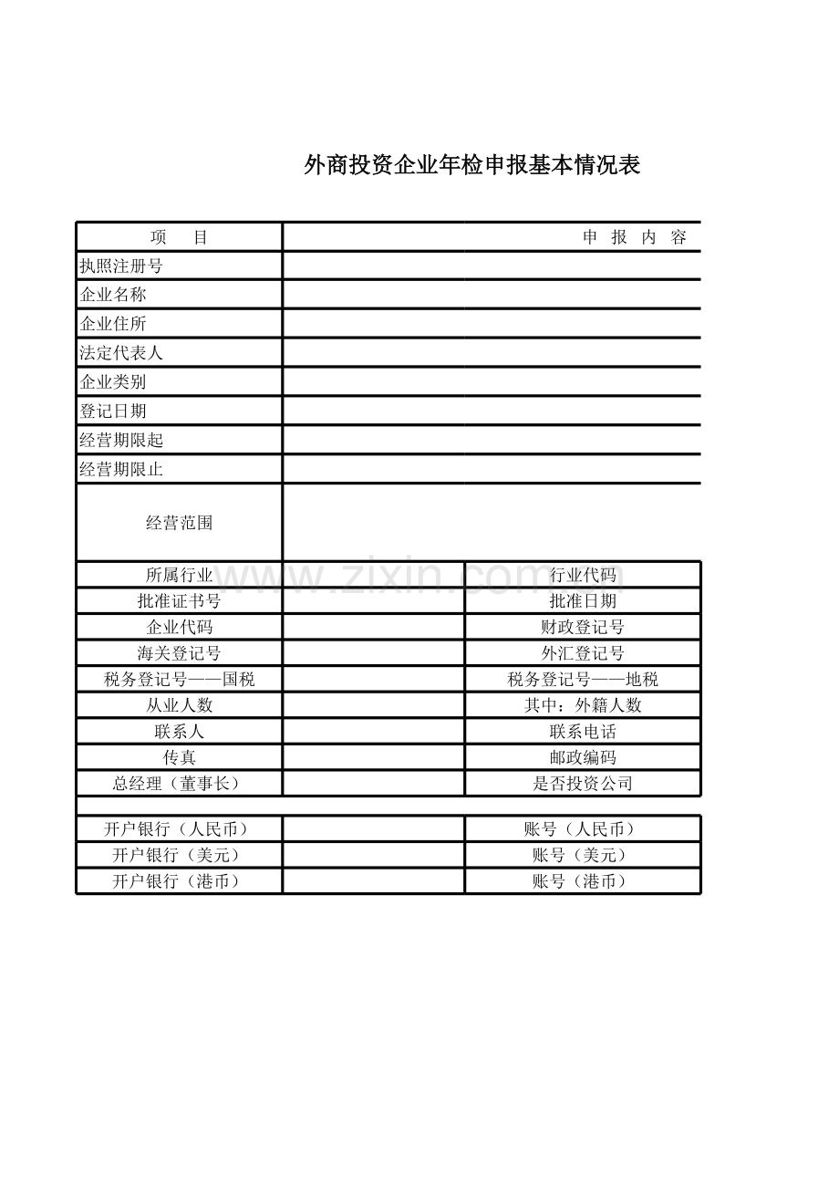 外商投资企业年检申报基本情况表模板.xls_第1页