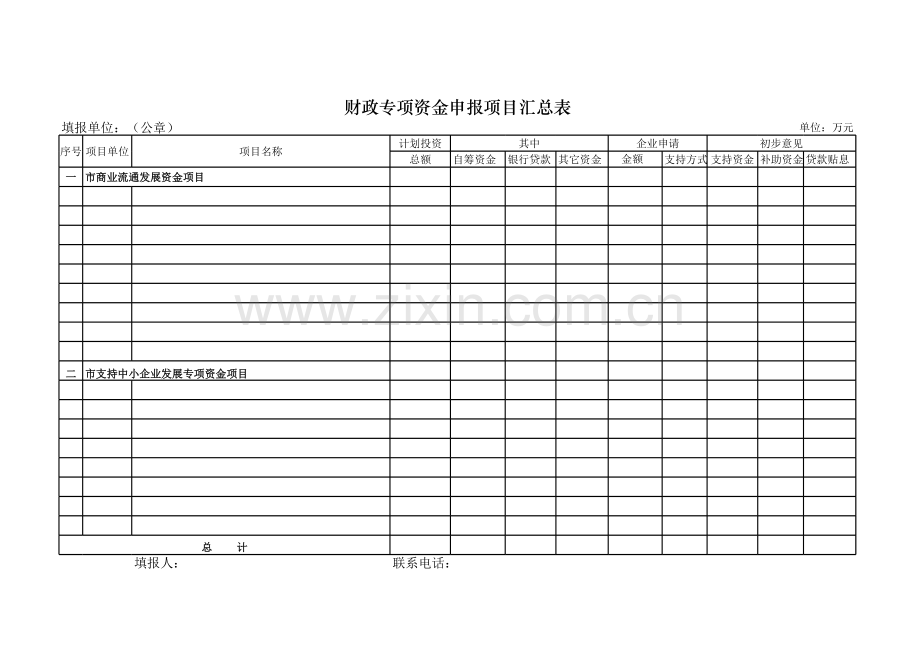 财政专项资金申报项目汇总表模板.xls_第1页