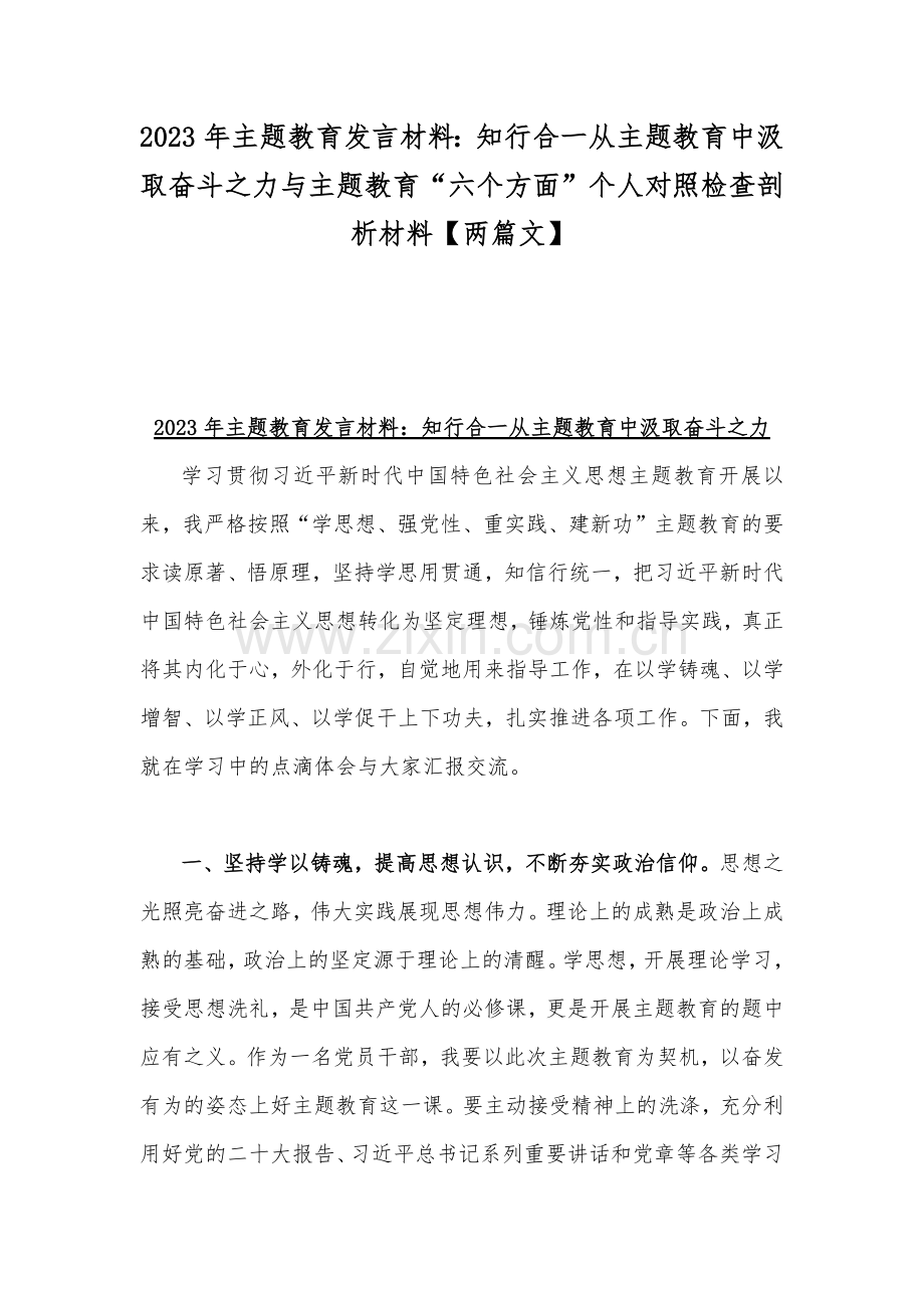 2023年主题教育发言材料：知行合一从主题教育中汲取奋斗之力与主题教育“六个方面”个人对照检查剖析材料【两篇文】.docx_第1页