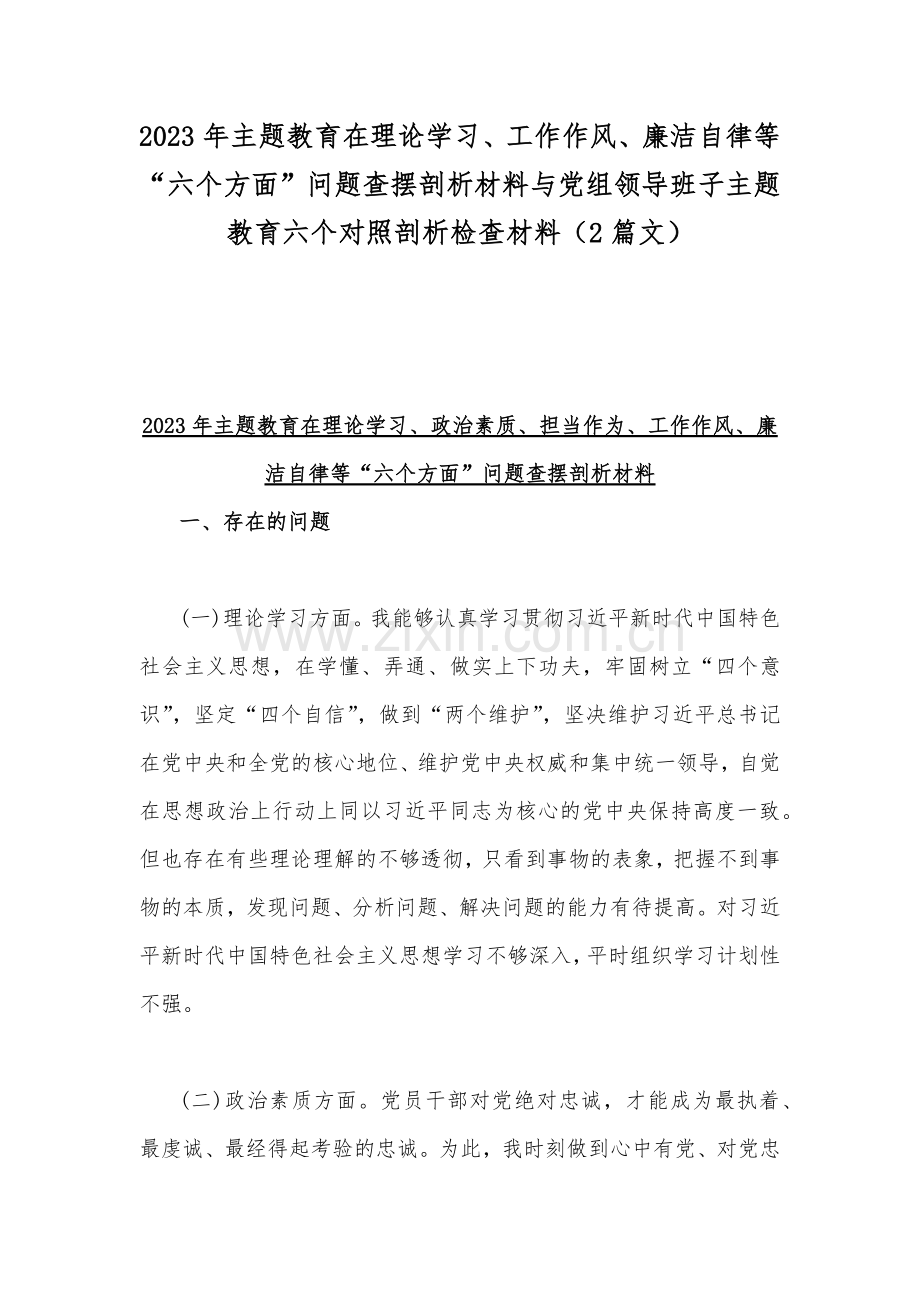 2023年主题教育在理论学习、工作作风、廉洁自律等“六个方面”问题查摆剖析材料与党组领导班子主题教育六个对照剖析检查材料（2篇文）.docx_第1页