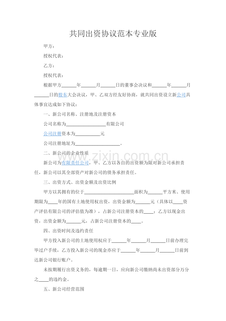 共同出资协议范本专业版.docx_第1页
