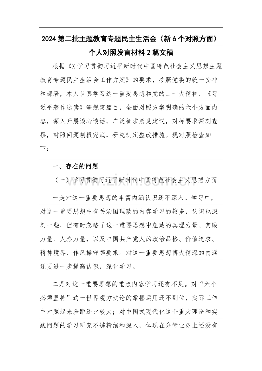 2024第二批主题教育专题（新6个对照方面）个人对照发言材料2篇文稿.docx_第1页