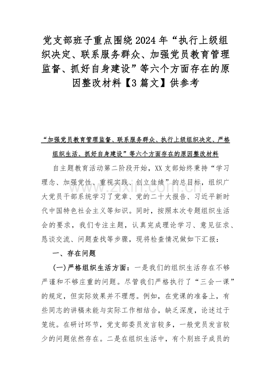 党支部班子重点围绕2024年“执行上级组织决定、联系服务群众、加强党员教育管理监督、抓好自身建设”等六个方面存在的原因整改材料【3篇文】供参考.docx_第1页