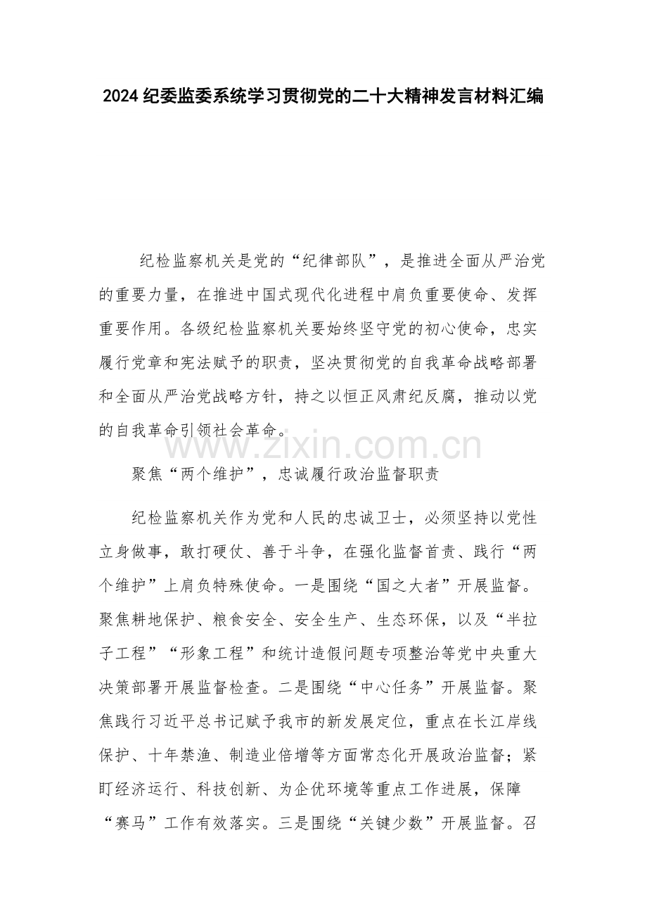 2024纪委监委系统学习贯彻党的二十大精神发言材料汇编.docx_第1页