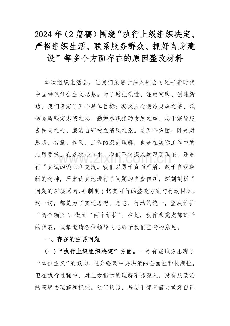 2024年（2篇稿）围绕“执行上级组织决定、严格组织生活、联系服务群众、抓好自身建设”等多个方面存在的原因整改材料.docx_第1页