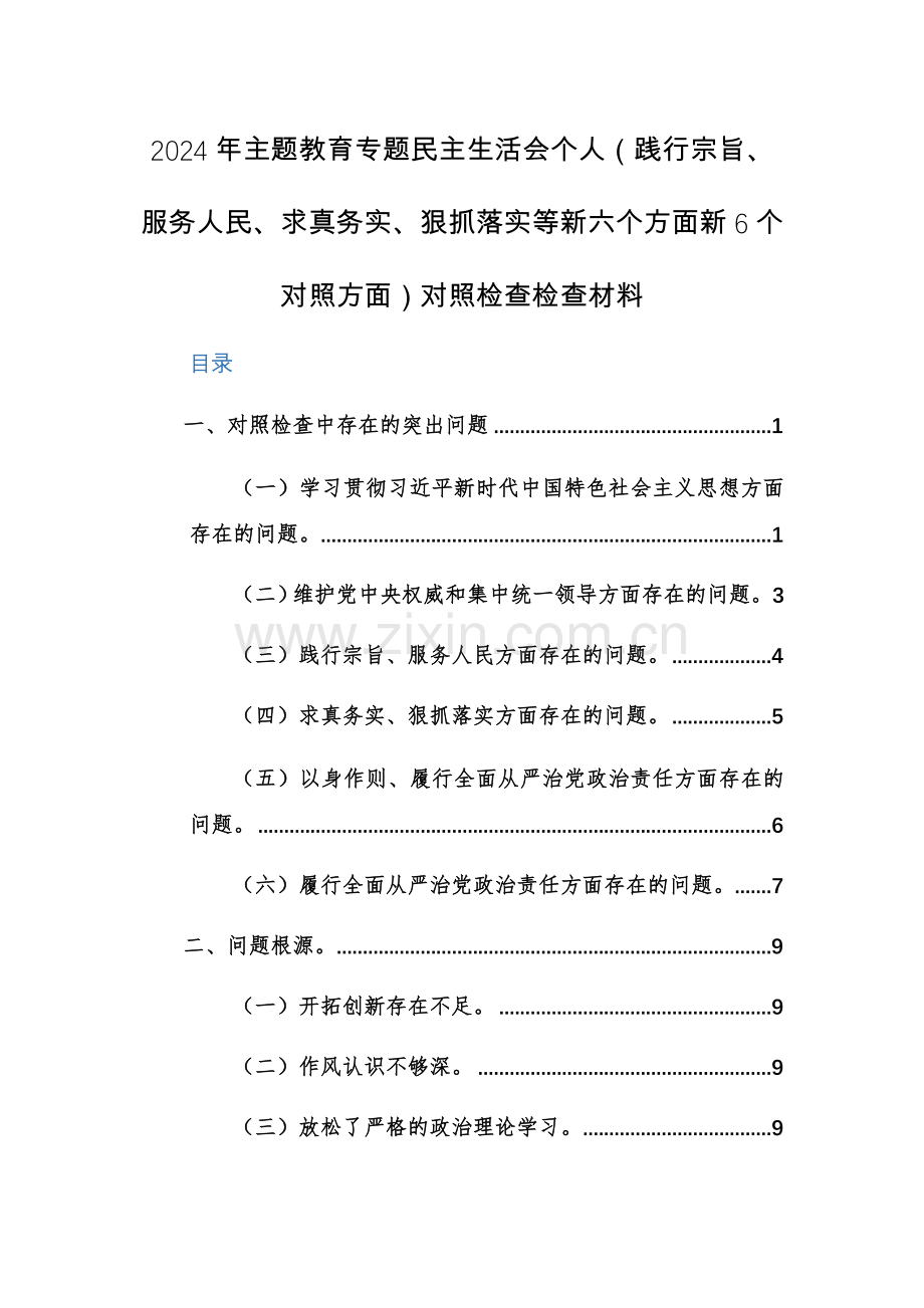 两篇：2024年主题教育专题班子及个人（践行宗旨、服务人民、求真务实、狠抓落实等新六个方面新6个对照方面）对照检查检查材料.docx_第1页