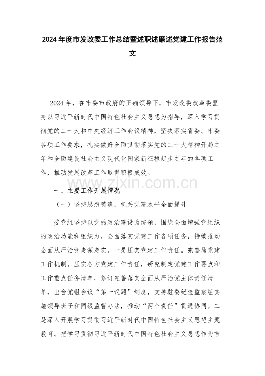 2024年度市发改委工作总结暨述职述廉述党建工作报告范文.docx_第1页