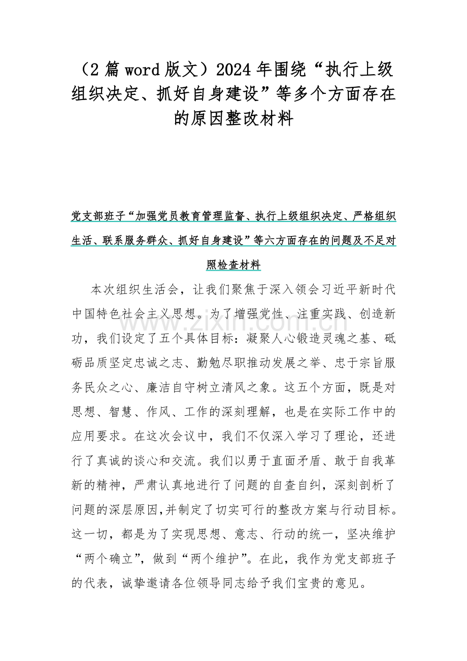 （2篇word版文）2024年围绕“执行上级组织决定、抓好自身建设”等多个方面存在的原因整改材料.docx_第1页