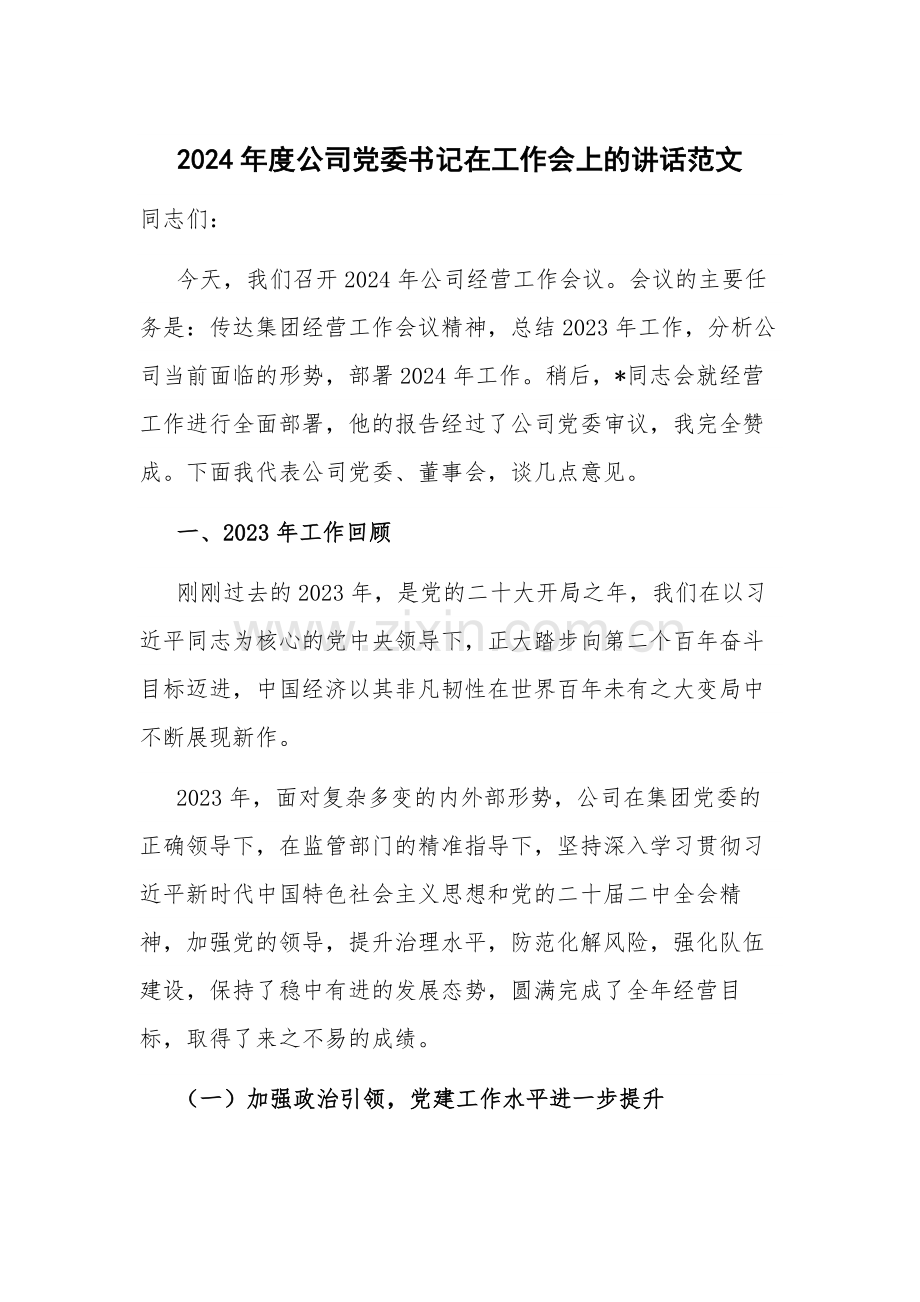 2024年度公司党委书记在工作会上的讲话范文.docx_第1页