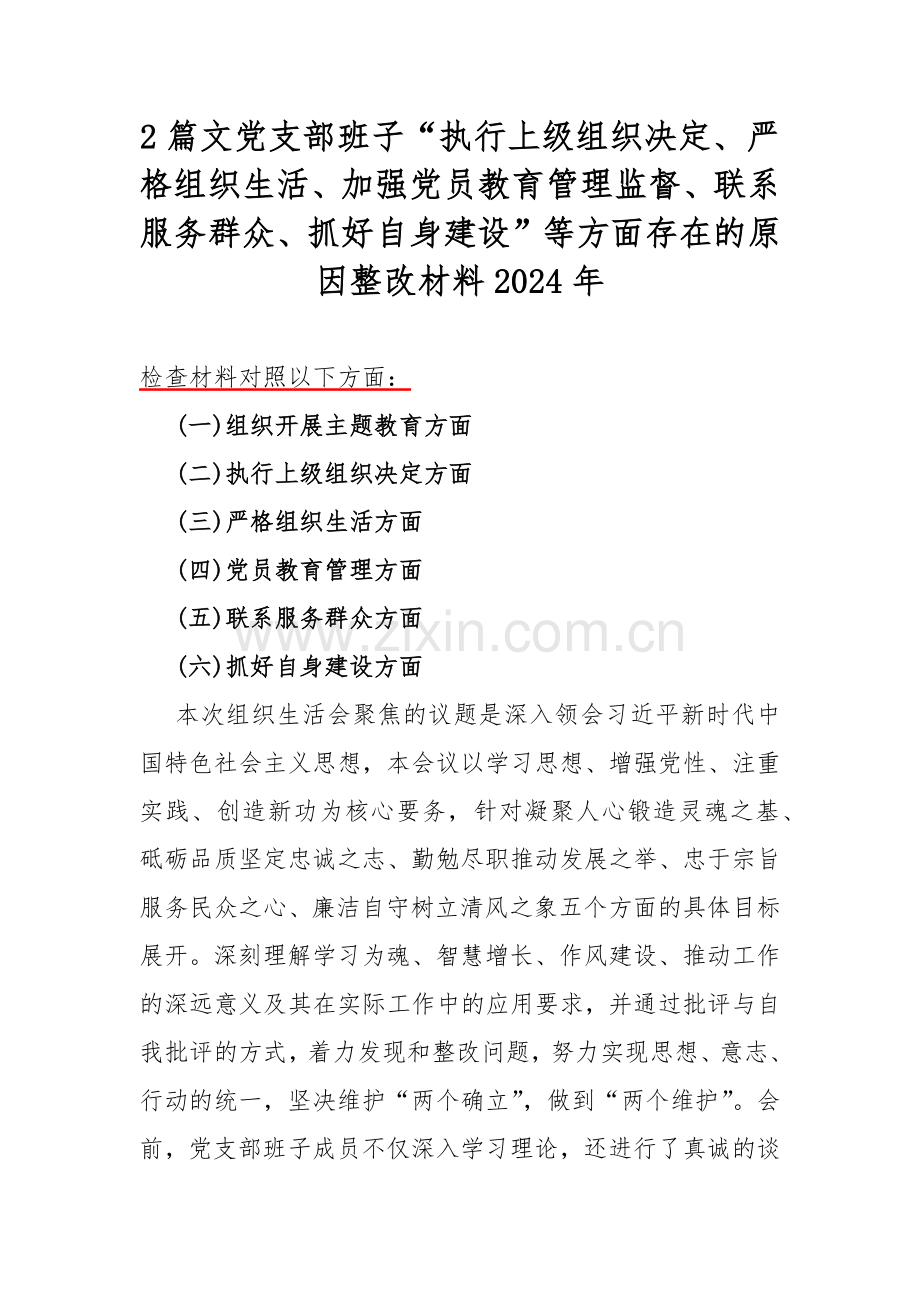 2篇文党支部班子“执行上级组织决定、严格组织生活、加强党员教育管理监督、联系服务群众、抓好自身建设”等方面存在的原因整改材料2024年.docx_第1页