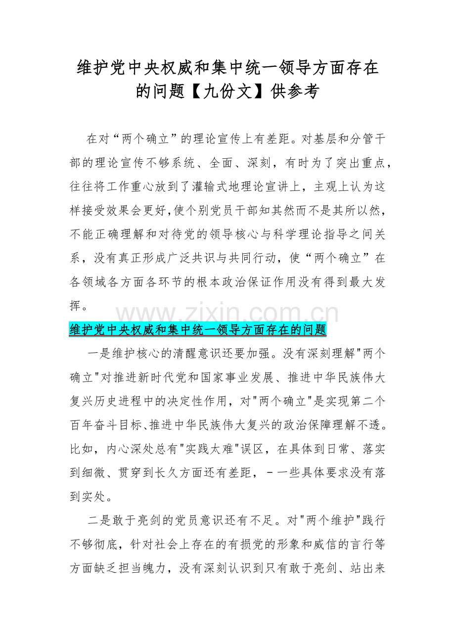 维护党中央权威和集中统一领导方面存在的问题【九份文】供参考.docx_第1页
