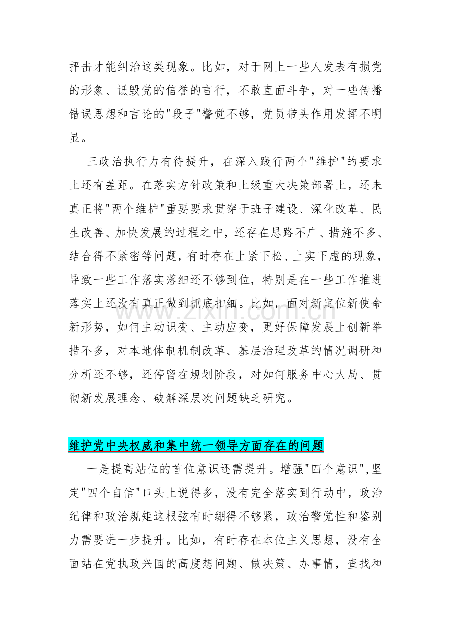 维护党中央权威和集中统一领导方面存在的问题【九份文】供参考.docx_第2页