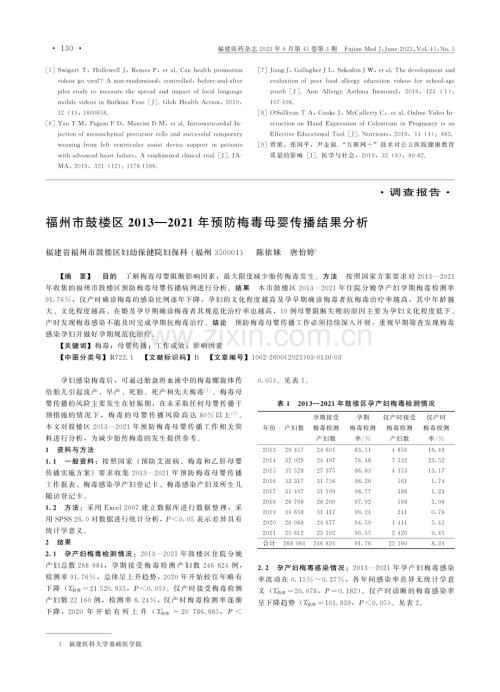 福州市鼓楼区2013—2021年预防梅毒母婴传播结果分析.pdf