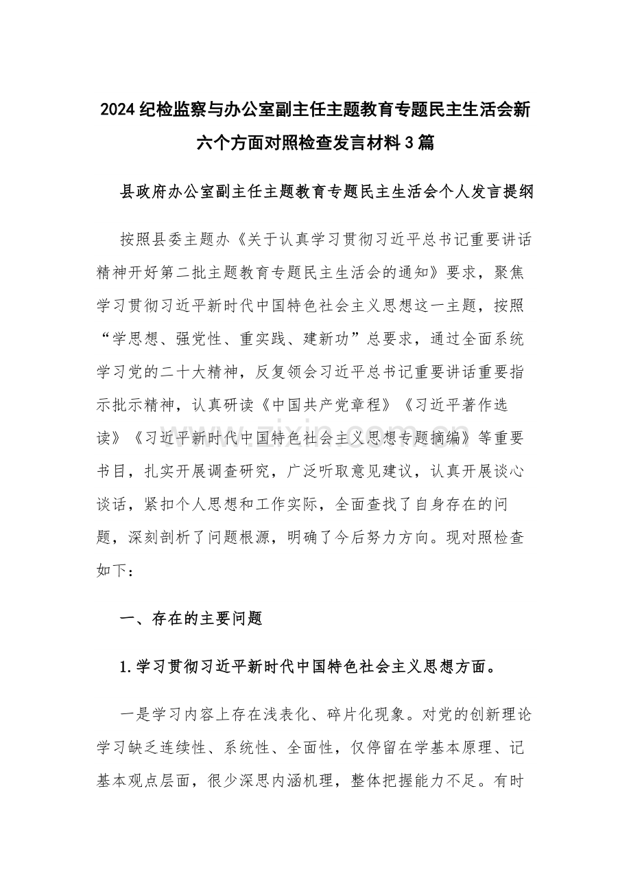 2024纪检监察与办公室副主任主题教育专题新六个方面对照检查发言材料3篇.docx_第1页