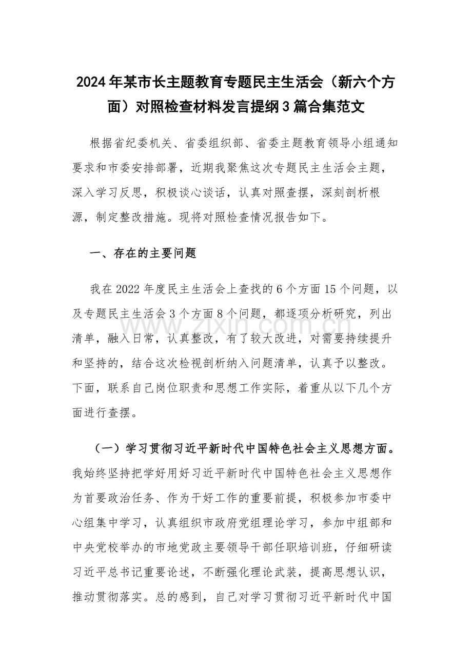 2024年领导干部主题教育专题（新六个方面）对照检查材料发言提纲3篇.docx_第1页