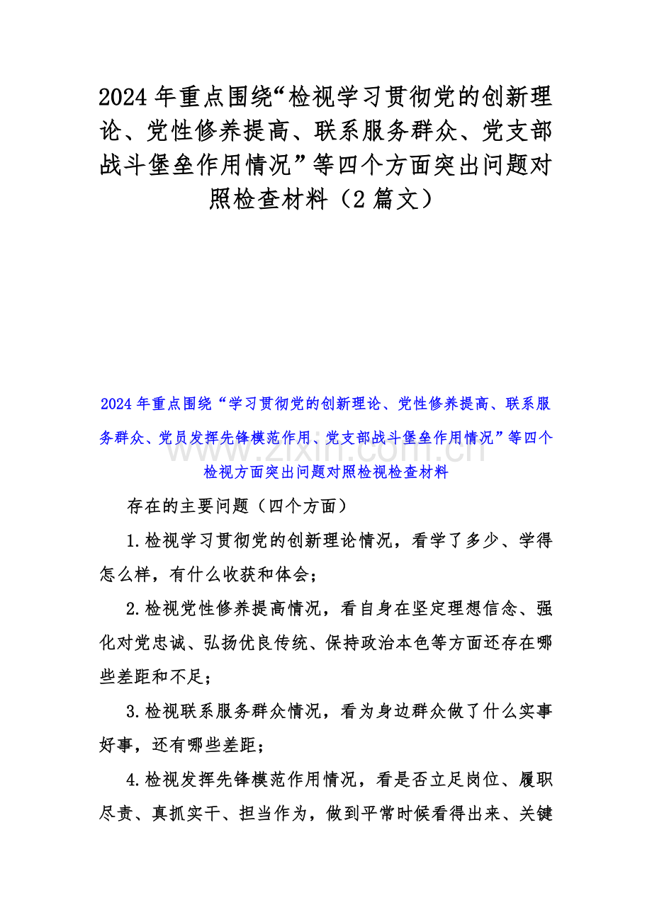 2024年重点围绕“检视学习贯彻党的创新理论、党性修养提高、联系服务群众、党支部战斗堡垒作用情况”等四个方面突出问题对照检查材料（2篇文）.docx_第1页