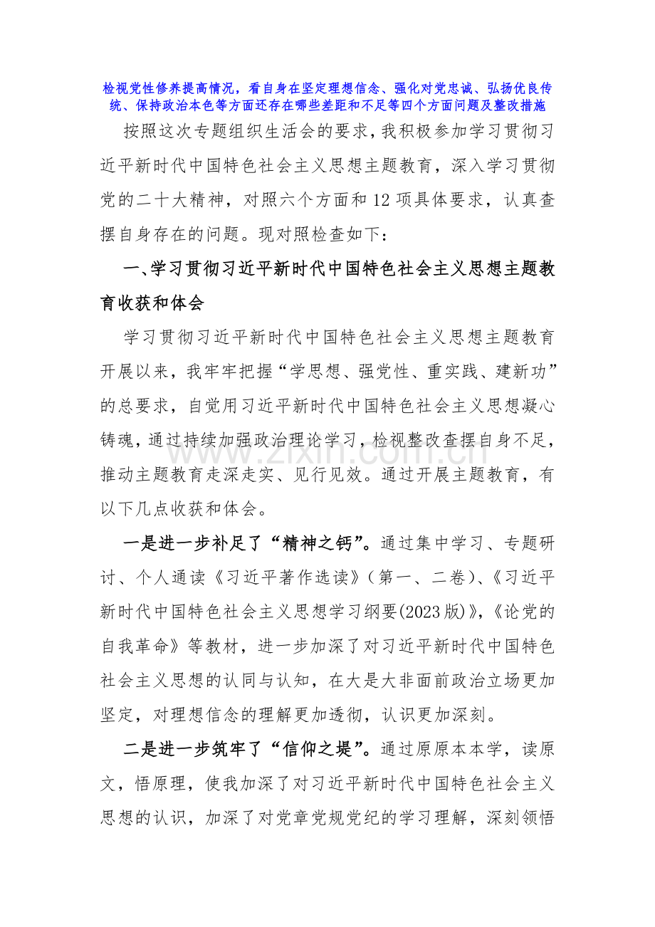 围绕“检视学习贯彻党的创新理论检视党性修养提高情况看自身在坚定理想信念、强化对党忠诚、弘扬优良传统、保持政治本色”等四个检视对照检查材料2024年（4篇文）.docx_第2页