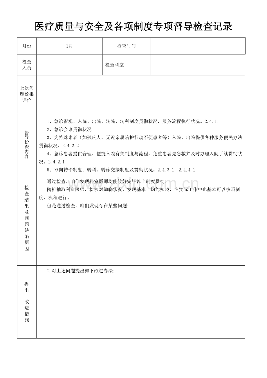 医疗质量与安全及各项核心制度专项督导检查记录.doc_第1页