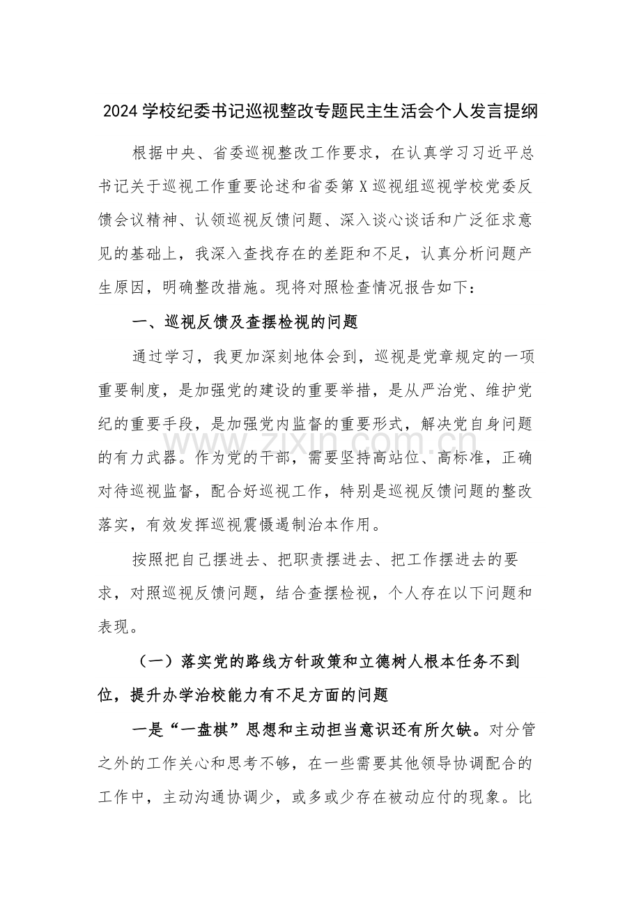 2024学校纪委书记巡视整改专题生活会个人发言提纲.docx_第1页
