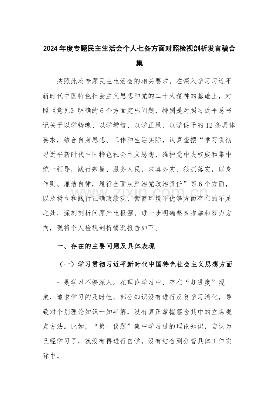 2024年度专题生活会个人七各方面对照检视剖析发言稿合集.docx_第1页