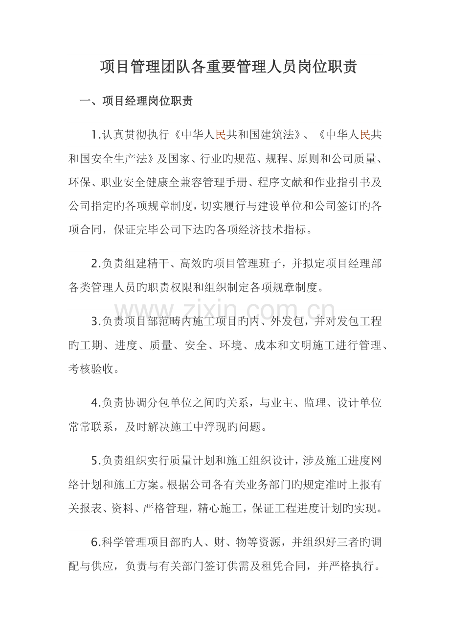 项目管理团队各岗位职责.docx_第1页