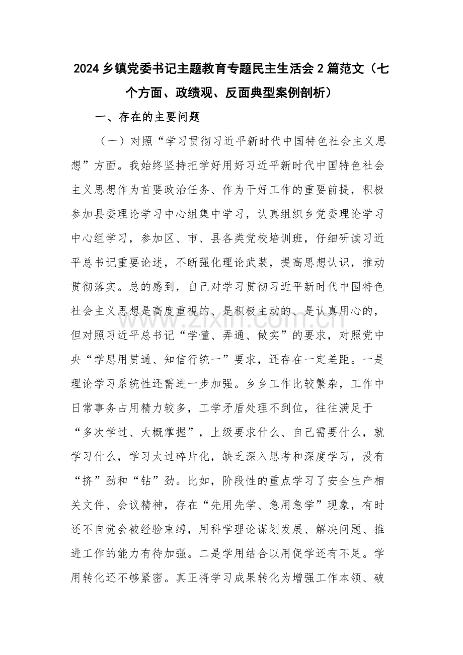 2024乡镇党委书记主题教育专题生活会2篇范文（七个方面、政绩观、反面典型案例剖析）.docx_第1页