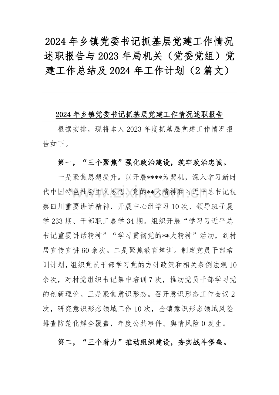 2024年乡镇党委书记抓基层党建工作情况述职报告与2023年局机关（党委党组）党建工作总结及2024年工作计划（2篇文）.docx_第1页