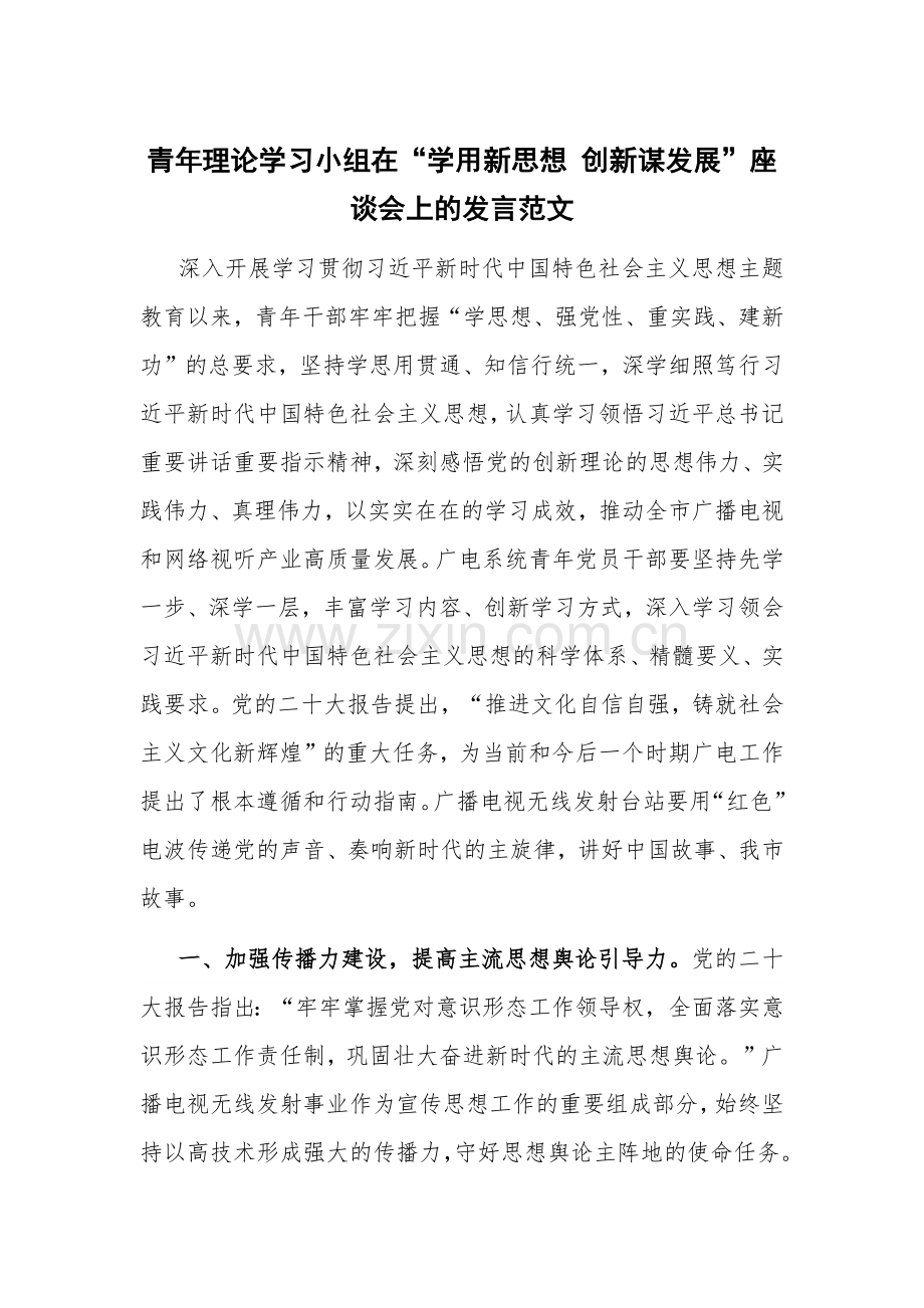 青年理论学习小组在“学用新思想 创新谋发展”座谈会上的发言范文.docx_第1页