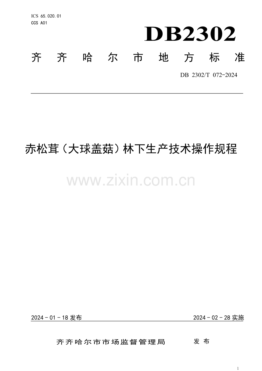 DB2302∕T 072-2024 赤松茸（大球盖菇）林下生产技术操作规程(齐齐哈尔市).pdf_第1页