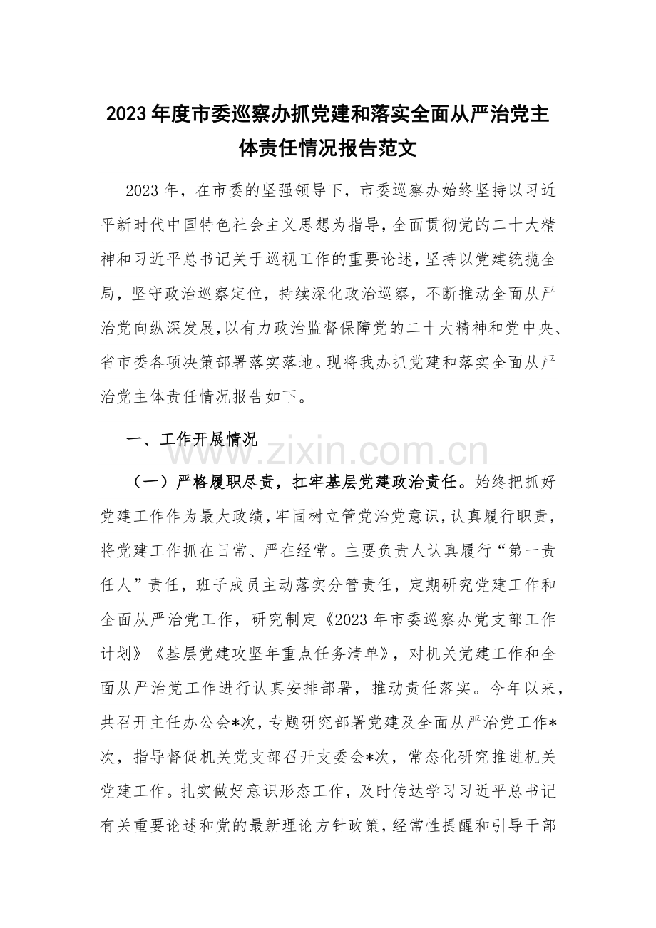 2023年度市委巡察办抓党建和落实全面从严治党主体责任情况报告范文.docx_第1页