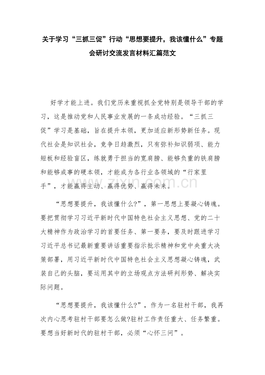 关于学习“三抓三促”行动“思想要提升我该懂什么”专题会研讨交流发言材料汇篇范文.docx_第1页