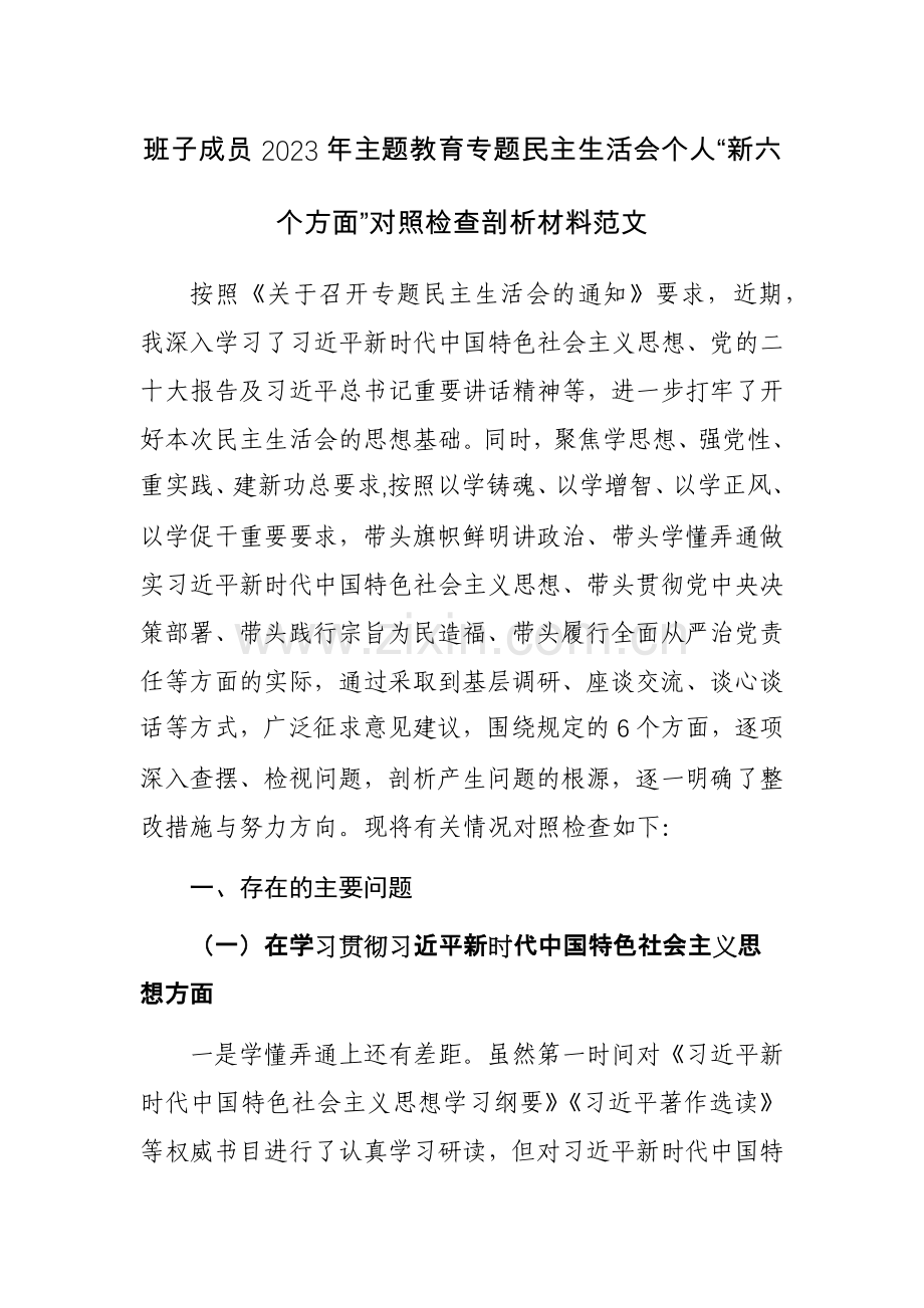 班子成员2023年主题教育专题个人“新六个方面”对照检查剖析材料范文稿.docx_第1页