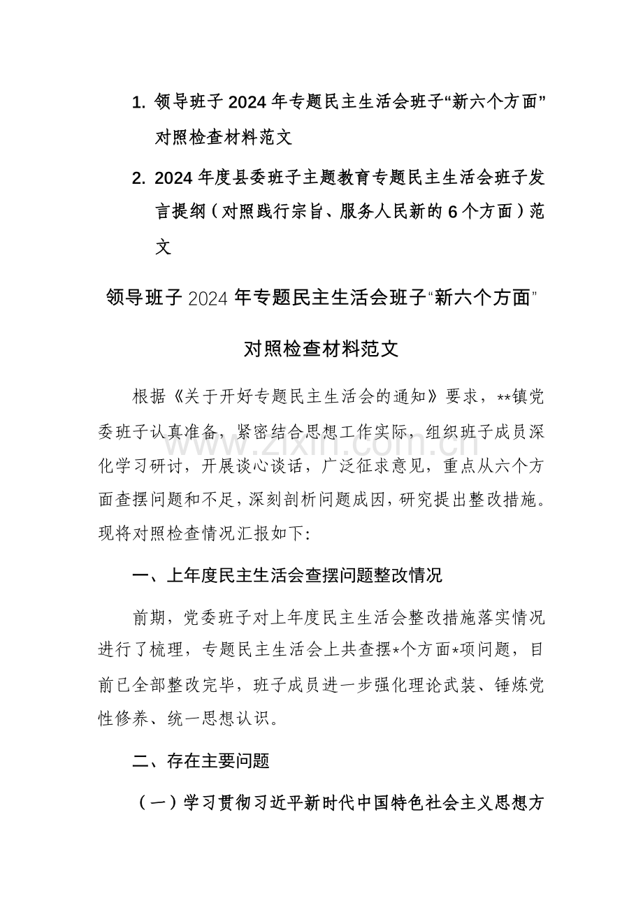 两篇：2024年度班子主题教育专题“新6个方面”对照检查发言提纲（对照践行宗旨、服务人民新的6个方面）范文.docx_第1页