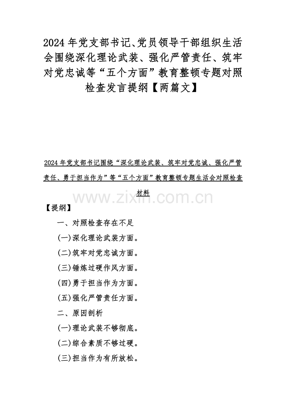 2024年党支部书记、党员领导干部组织生活会围绕深化理论武装、强化严管责任、筑牢对党忠诚等“五个方面”教育整顿专题对照检查发言提纲【两篇文】.docx_第1页