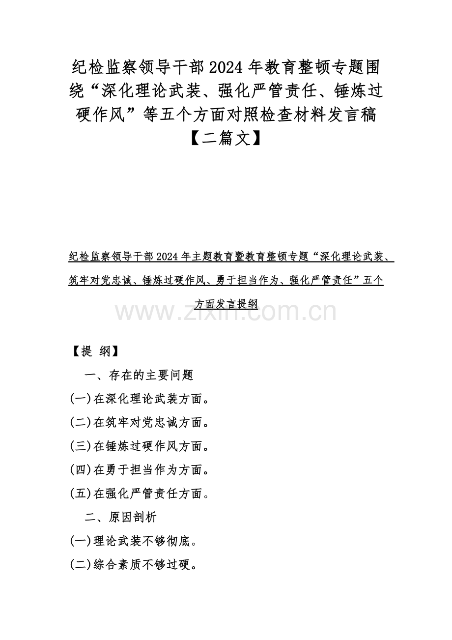 纪检监察领导干部2024年教育整顿专题围绕“深化理论武装、强化严管责任、锤炼过硬作风”等五个方面对照检查材料发言稿【二篇文】.docx_第1页