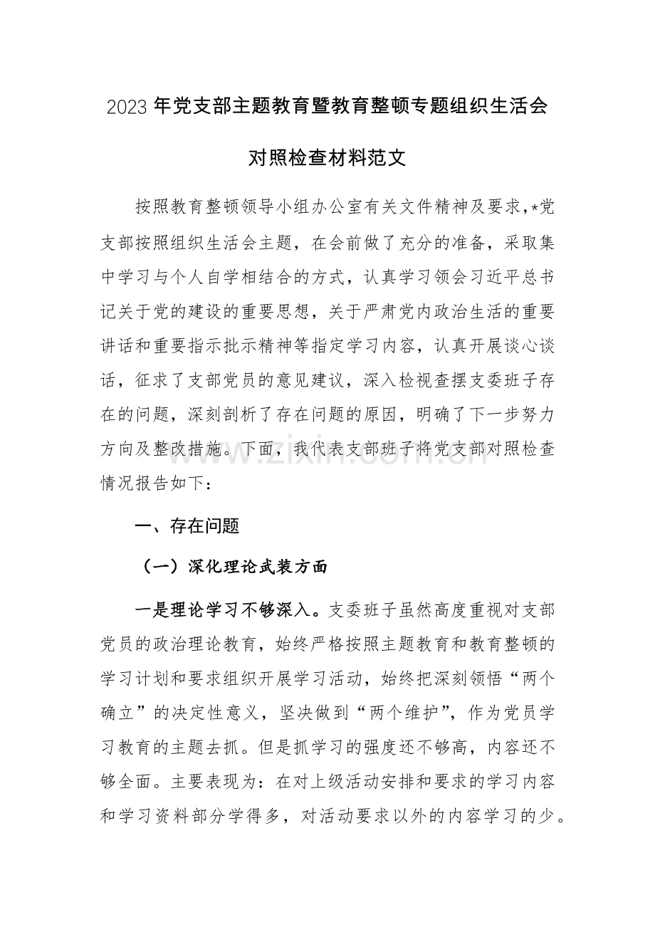 2023年党支部主题教育暨教育整顿专题对照检查材料范文.docx_第1页