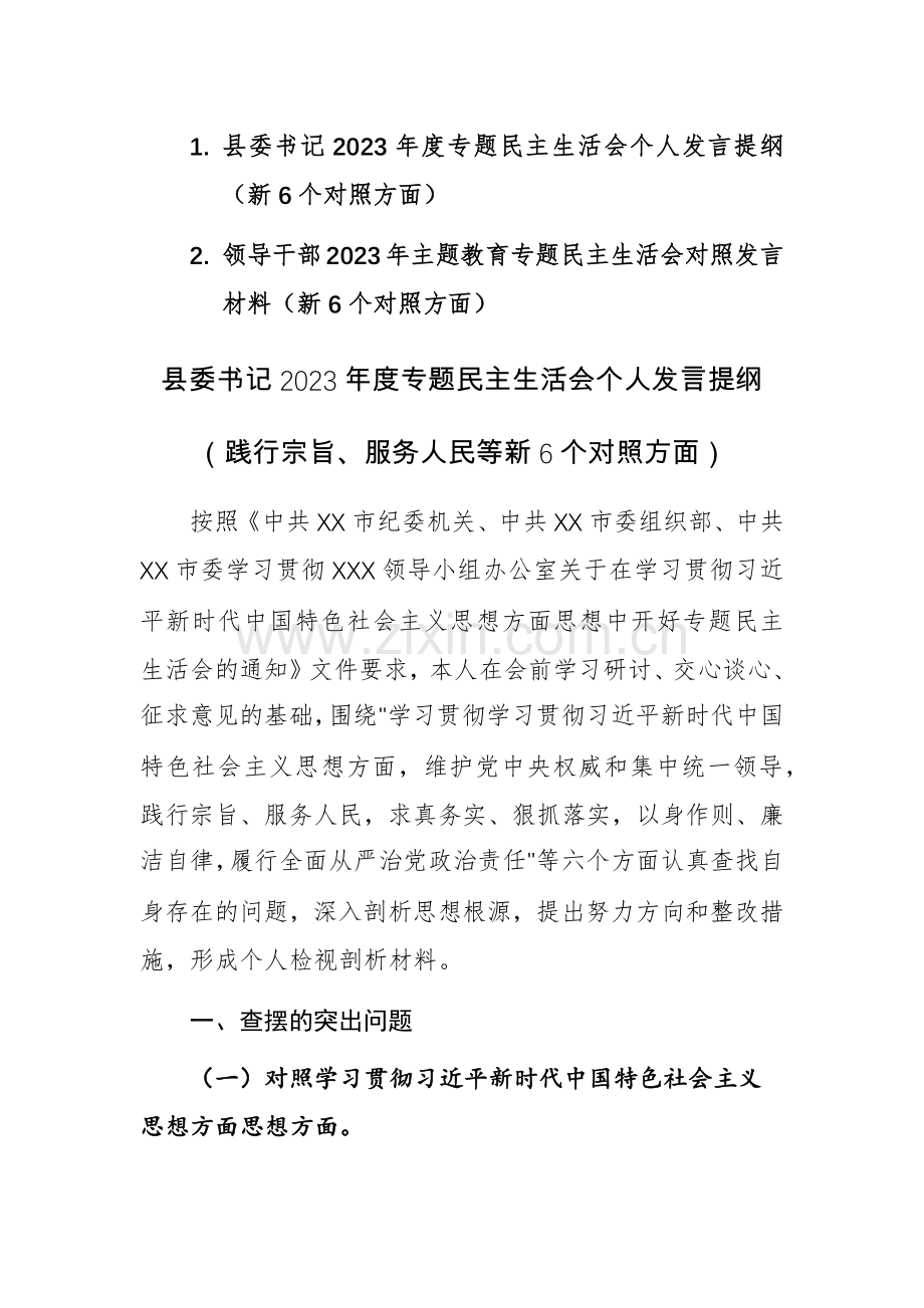 两篇：2023年度专题个人发言提纲（践行宗旨、服务人民等新6个对照方面）范文.docx_第1页