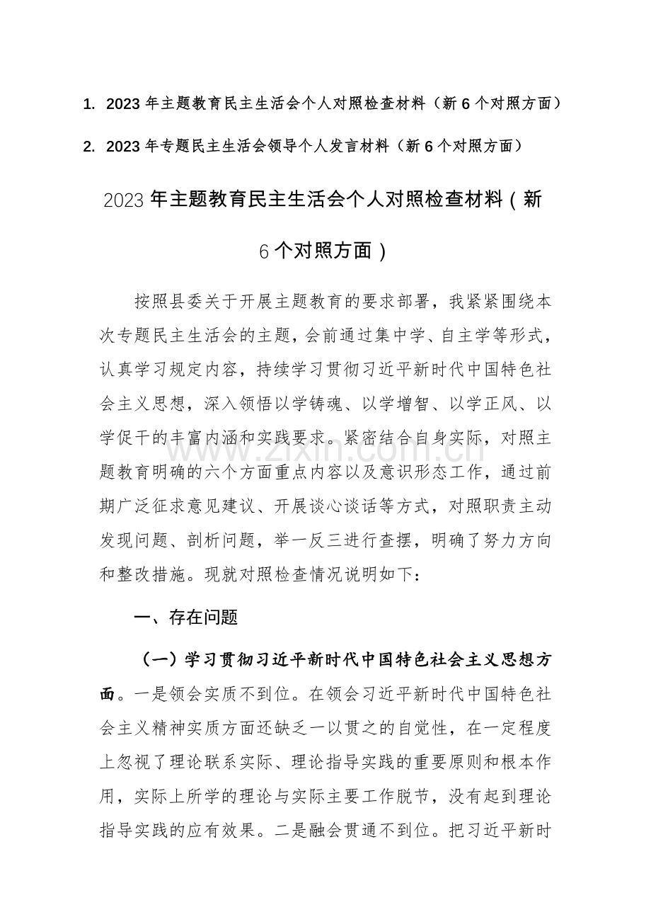两篇：2023年主题教育个人对照检查材料（新6个对照方面）范文.docx_第1页