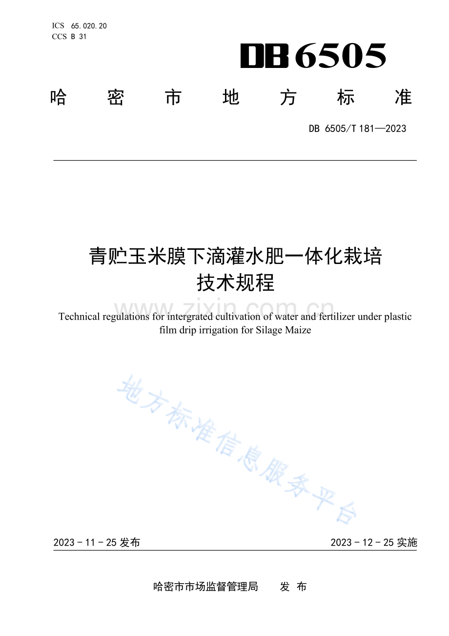 DB6505T181-2023青贮玉米膜下滴灌水肥一体化栽培 技术规程.pdf_第1页