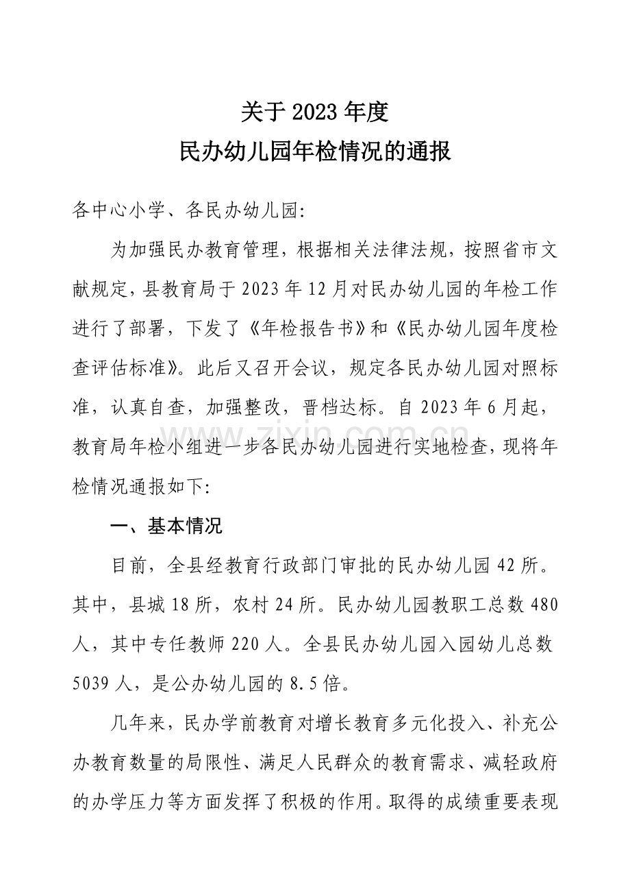 民办幼儿园年检通报.doc_第1页