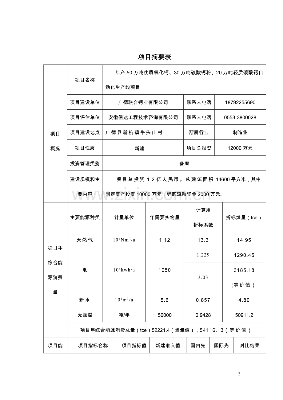 年产50万吨优质氧化钙、30万吨碳酸钙粉、20万吨轻质碳酸钙自动化生产线项目节能评估报告.doc_第2页