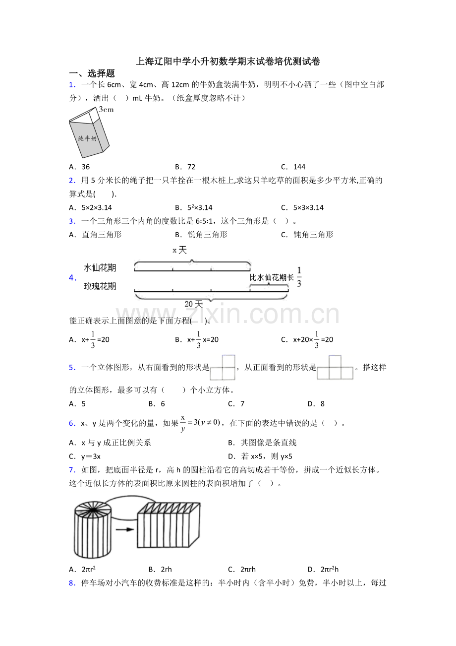 上海辽阳中学小升初数学期末试卷培优测试卷.doc_第1页