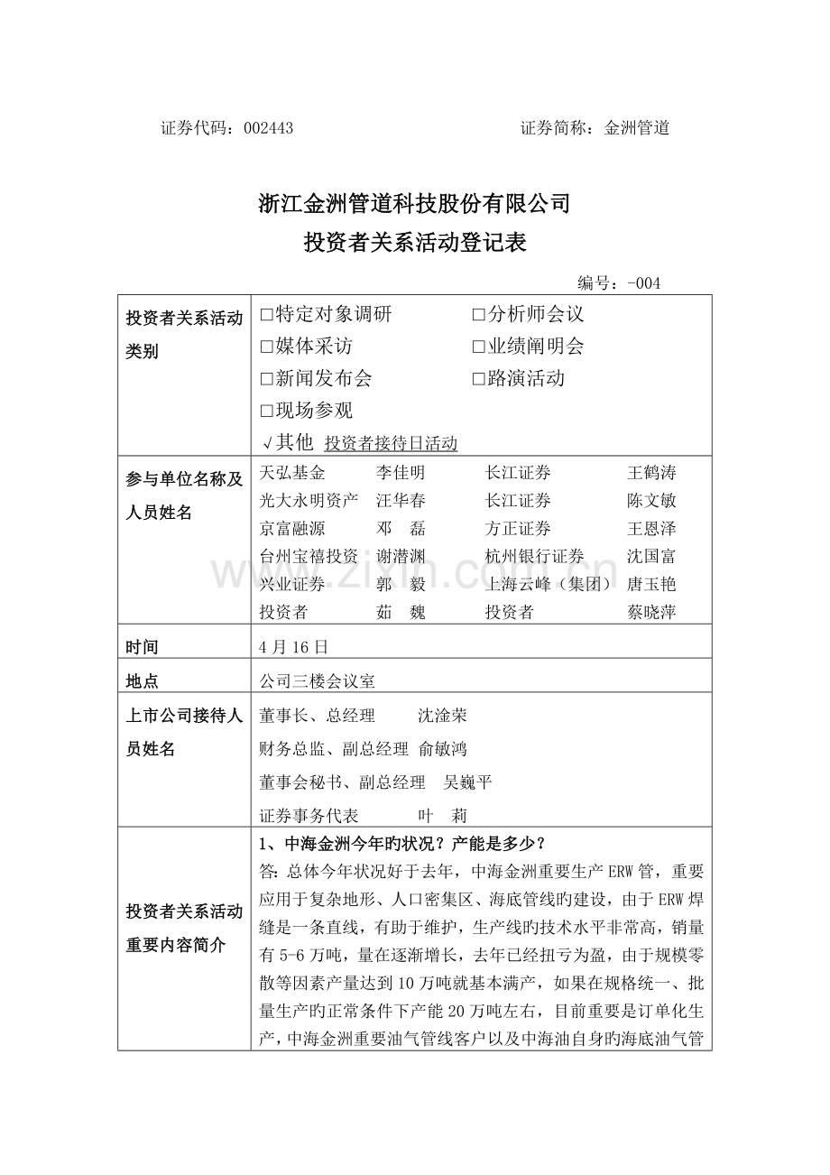 浙江金洲管道科技股份有限公司-投资者关系活动记录表.doc_第1页