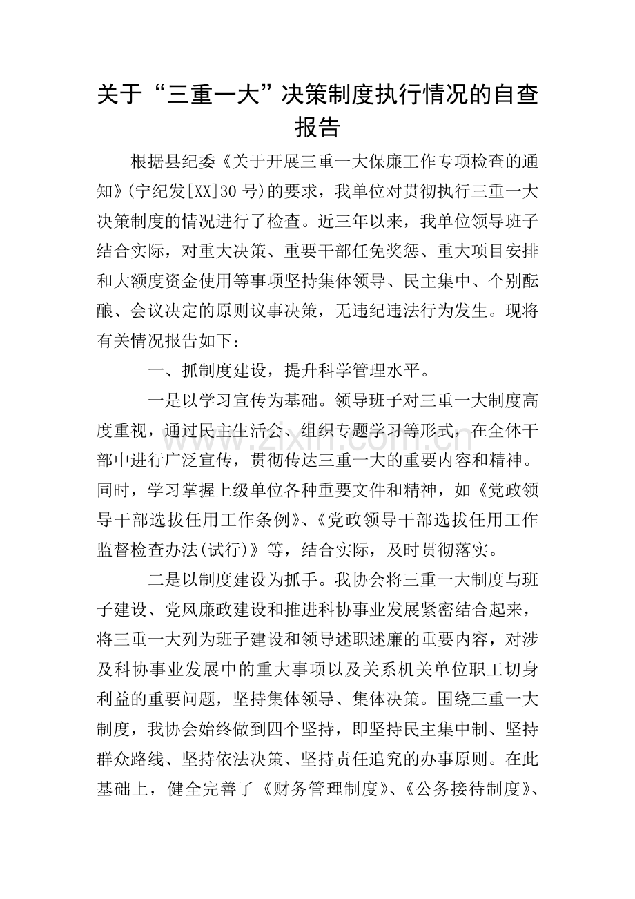 关于“三重一大”决策制度执行情况的自查报告.doc_第1页