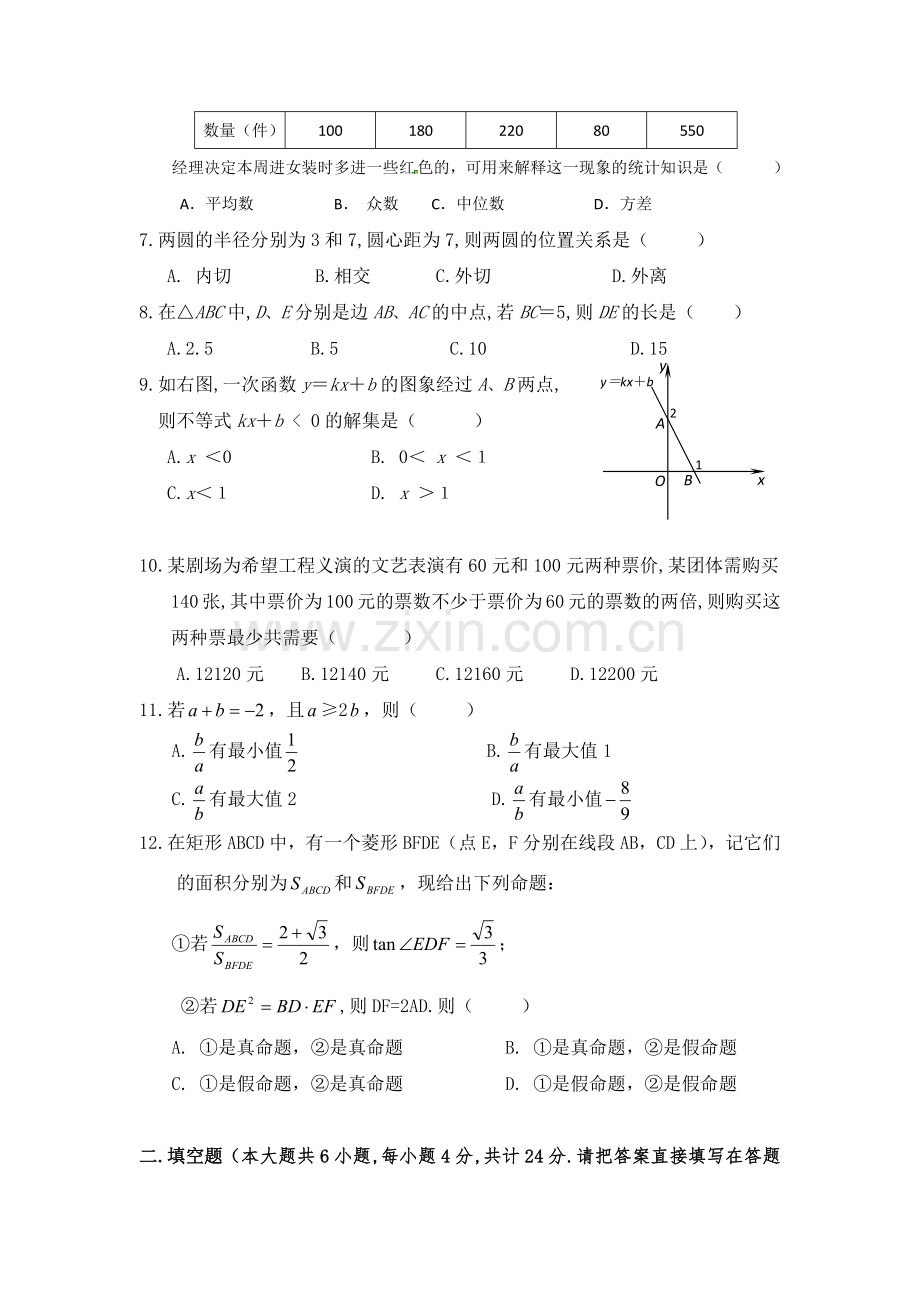 江苏省泰兴中学2020中考提前自主招生数学模拟试卷(9套)附解析.docx_第2页