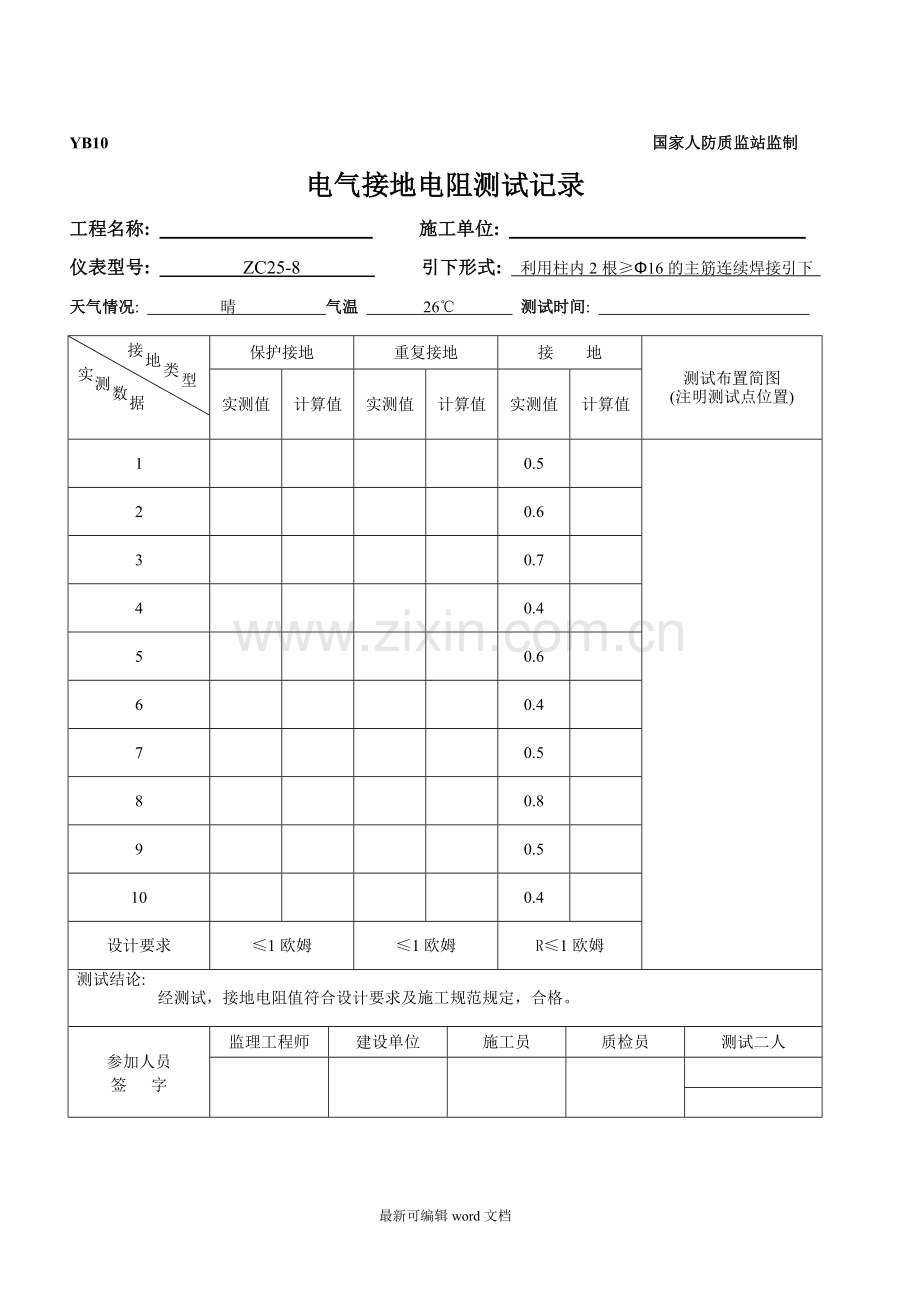 人防-电气接地电阻测试记录-填写模板.doc_第1页