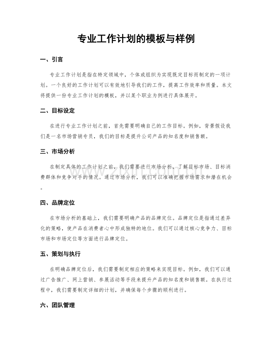 专业工作计划的模板与样例.docx_第1页